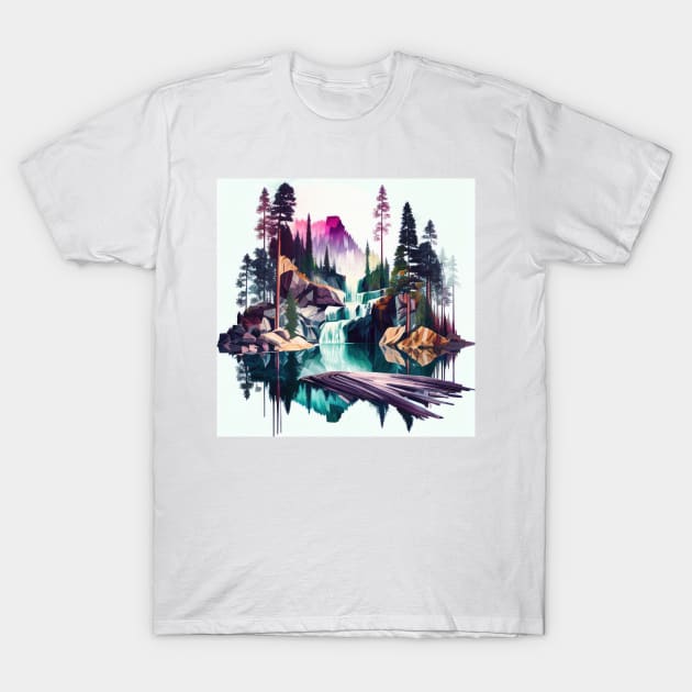 Colorful Mountain Forest Waterfall T-Shirt by The Art Mage